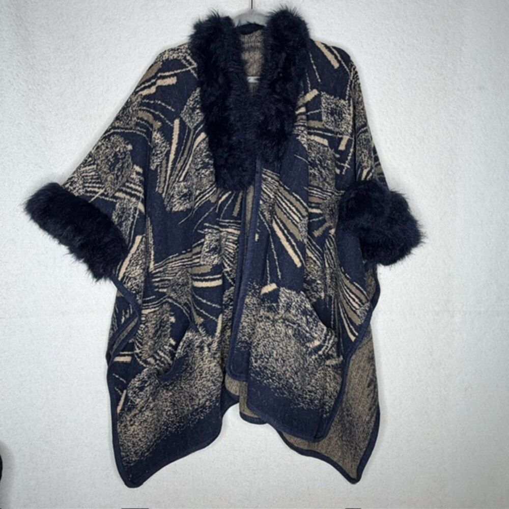 Navy Tan Abstract Faux Fur Trim Boho Cape Poncho